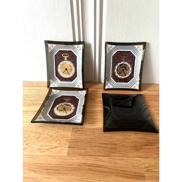 Vintage Houze Art Glass Gold Vermil Pocket Watch Mini Trays Set Of 4 - Picture 3 of 6